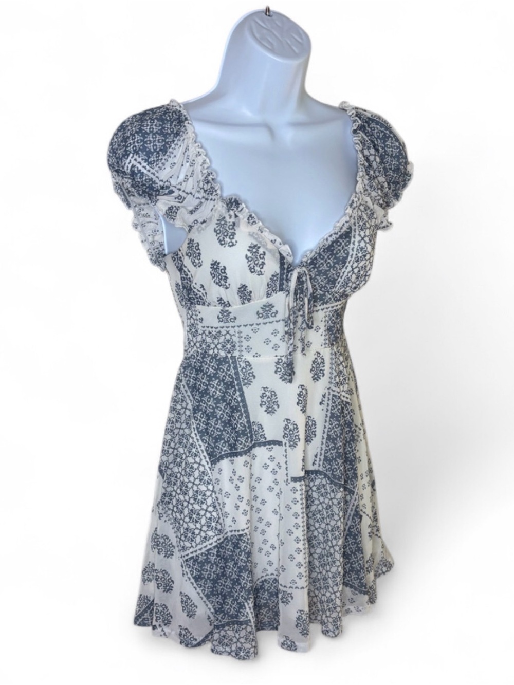 Urban Outfitters UO Audrey Patchwork Mesh Mini Dress XS Blue White